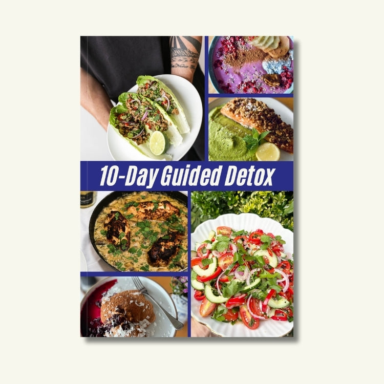 Book cover of Benson Detox '10-Day Guided Detox' with images of food on a white background