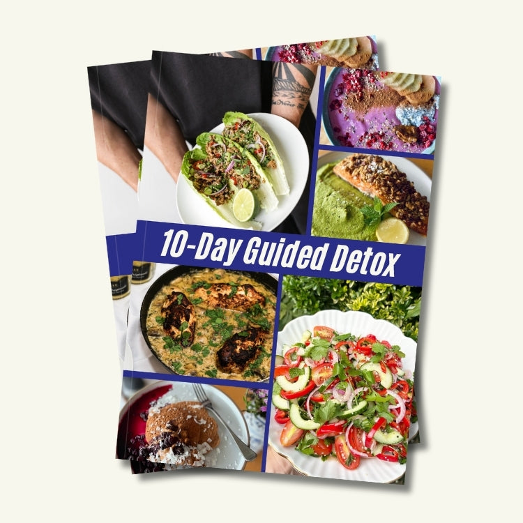 Book cover of Benson Detox '10-Day Guided Detox' with images of food on a white background