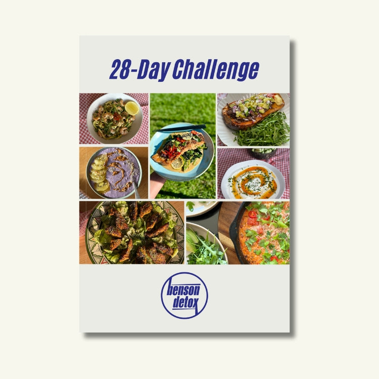 Book cover of '28-Day Challenge' by Benson Detox with images of food on a white background