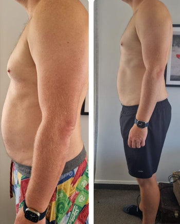 Before and after comparison of Benson  Detox results showing a mans waistline, standing in front of a mirror