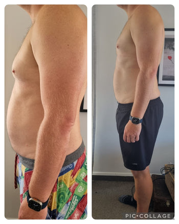 Side-by-side comparison of a man wearing colourful shorts on the left and dark shorts on the right. Collage Comparison showing successful Benson Detox UGC before and after Mens results