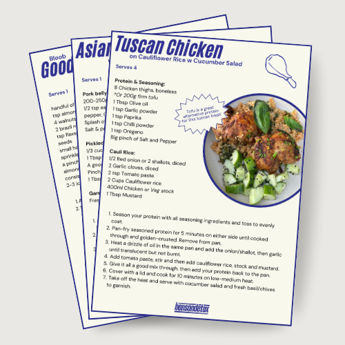 Three Benson Detox recipe cards for Tuscan Chicken on Cauliflower Rice with Cucumber Salad, Asian Beef, and Bok Choy.