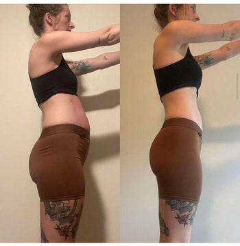 Side-by-side comparison of a person wearing a black sports bra and brown shorts against a plain background. Side-by-side comparison testimonial collage, showing before and after of her successful Benson Detox results